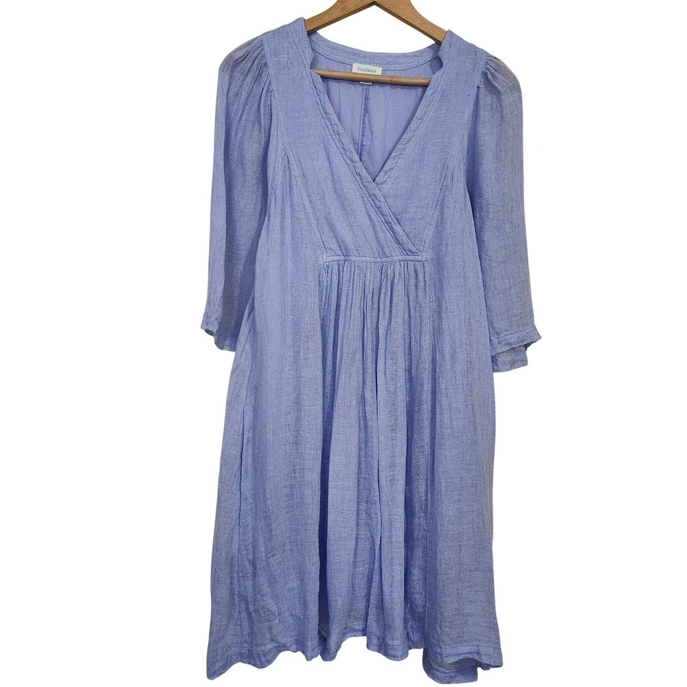 Sundance Linen Dress Womens PS Periwinkle Blue V-Neck 3/4 Sleeve Lined Midi